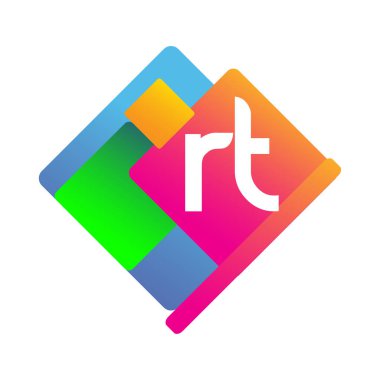 Renkli geometrik şekilli harf RT logosu, yaratıcı endüstri, web, iş ve şirket için harf kombinasyonu tasarımı.