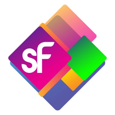 Renkli geometrik şekilli SF logosu, yaratıcı endüstri, web, iş ve şirket için harf kombinasyonu tasarımı.