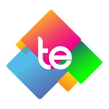 Renkli geometrik şekilli TE logosu, yaratıcı endüstri, web, iş ve şirket için harf kombinasyonu tasarımı.