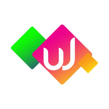 Renkli geometrik şekilli UJ logosu, yaratıcı endüstri, web, iş ve şirket için harf kombinasyonu tasarımı.