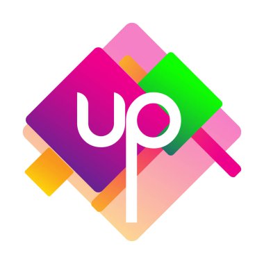 Renkli geometrik şekilli UP harfi logosu, yaratıcı endüstri, web, iş ve şirket için harf kombinasyonu tasarımı.