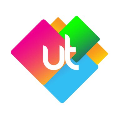 Renkli geometrik şekilli UT logosu, yaratıcı endüstri, web, iş ve şirket için harf kombinasyonu tasarımı.