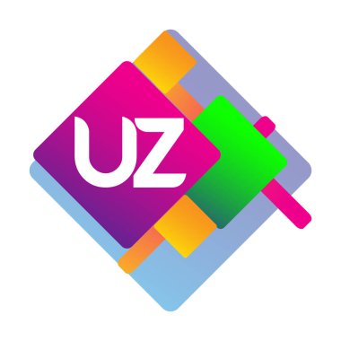 Renkli geometrik şekilli UZ logosu, yaratıcı endüstri, web, iş ve şirket için harf kombinasyonu tasarımı.