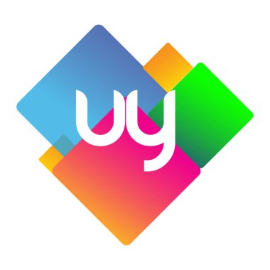 Renkli geometrik şekilli UY logosu, yaratıcı endüstri, web, iş ve şirket için harf kombinasyonu tasarımı.