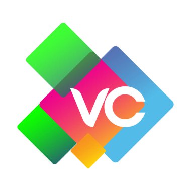 Renkli geometrik şekilli VC logosu, yaratıcı endüstri, web, iş ve şirket için harf kombinasyonu tasarımı.