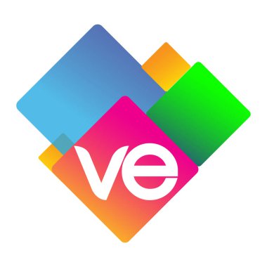 Renkli geometrik şekilli VE logosu, yaratıcı endüstri, web, iş ve şirket için harf kombinasyonu tasarımı.