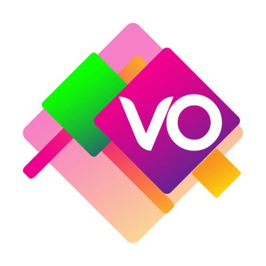 Renkli geometrik şekilli VO logosu, yaratıcı endüstri, web, iş ve şirket için harf kombinasyonu tasarımı.