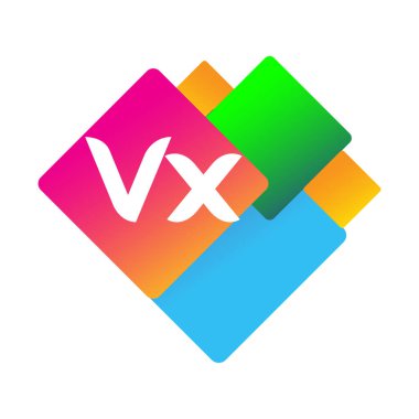 Renkli geometrik şekilli VX logosu, yaratıcı endüstri, web, iş ve şirket için harf kombinasyonu tasarımı.