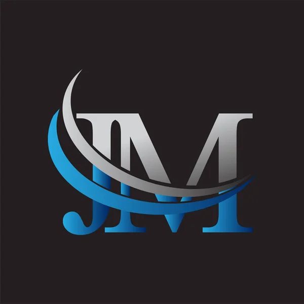 最初の文字Jmのロゴタイプ会社名は青とグレーのスウッシュデザインを着色しました ビジネスと会社のアイデンティティのためのベクトルロゴ — ストックベクタ