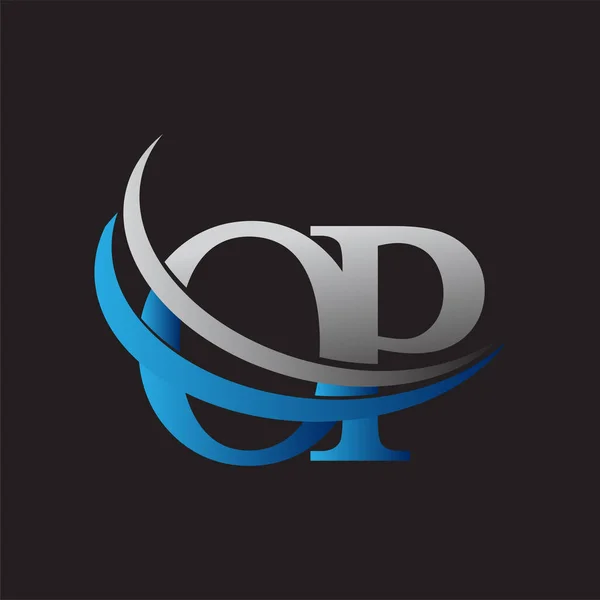 頭文字のOp型ロゴタイプ社名は青とグレーのスウッシュデザイン ビジネスと会社のアイデンティティのためのベクトルロゴ — ストックベクタ