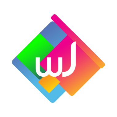 Renkli geometrik şekilli WJ logosu, yaratıcı endüstri, web, iş ve şirket için harf kombinasyonu tasarımı.