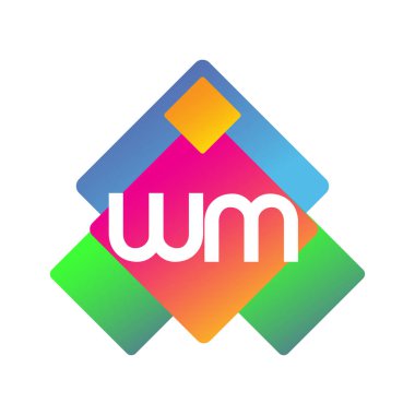 Renkli geometrik şekilli WM logosu, yaratıcı endüstri, web, iş ve şirket için harf kombinasyonu tasarımı.
