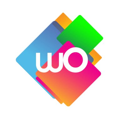 Renkli geometrik şekilli WO logosu, yaratıcı endüstri, web, iş ve şirket için harf kombinasyonlu logo tasarımı.
