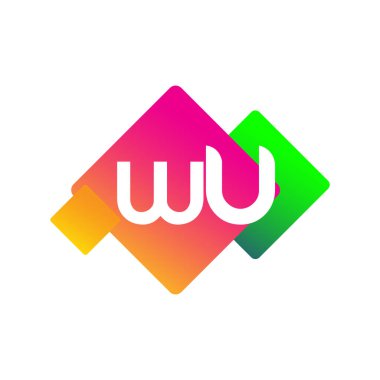 Renkli geometrik şekilli WU logosu, yaratıcı endüstri, web, iş ve şirket için harf kombinasyonu tasarımı.