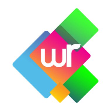 Renkli geometrik şekilli WR logosu, yaratıcı endüstri, web, iş ve şirket için harf kombinasyonu tasarımı.