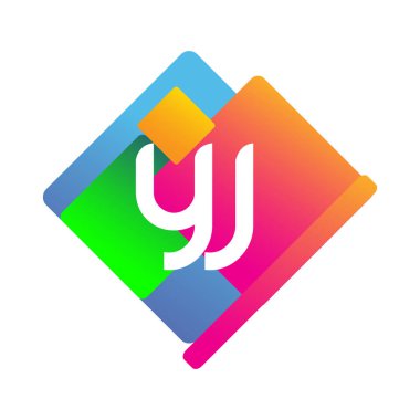 Renkli geometrik şekilli YJ logosu, yaratıcı endüstri, web, iş ve şirket için harf kombinasyonlu logo tasarımı.