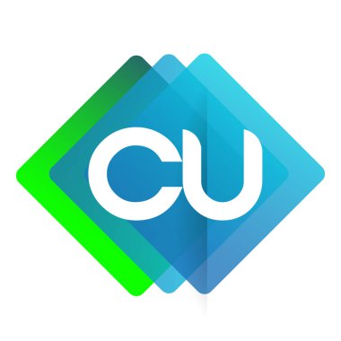 Renkli geometrik şekilli CU logosu, yaratıcı endüstri, web, iş ve şirket için harf kombinasyonu tasarımı.