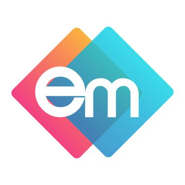 Renkli geometrik şekilli EM logosu, yaratıcı endüstri, web, iş ve şirket için harf kombinasyonlu logo tasarımı.