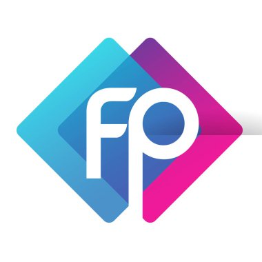 Renkli geometrik şekilli FP logosu, yaratıcı endüstri, web, iş ve şirket için harf kombinasyonlu logo tasarımı.
