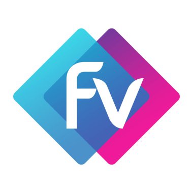 Renkli geometrik şekilli FV logosu, yaratıcı endüstri, web, iş ve şirket için harf kombinasyonlu logo tasarımı.