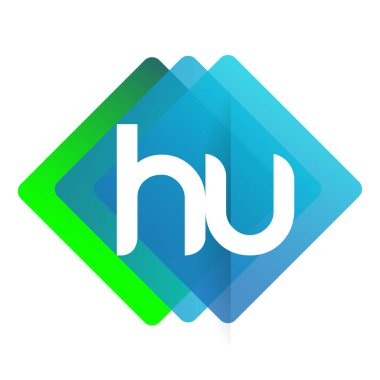 Renkli geometrik şekilli HU logosu, yaratıcı endüstri, web, iş ve şirket için harf kombinasyonu tasarımı.