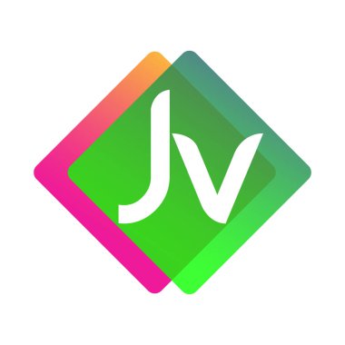 Renkli geometrik şekilli JV logosu, yaratıcı endüstri, web, iş ve şirket için harf kombinasyonu tasarımı.