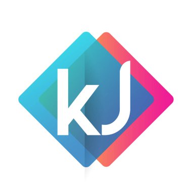 Renkli geometrik şekilli KJ logosu, yaratıcı endüstri, web, iş ve şirket için harf kombinasyonu tasarımı.