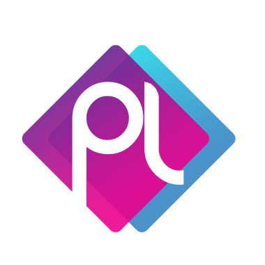 Renkli geometrik şekilli PL logosu, yaratıcı endüstri, web, iş ve şirket için harf kombinasyonlu logo tasarımı.