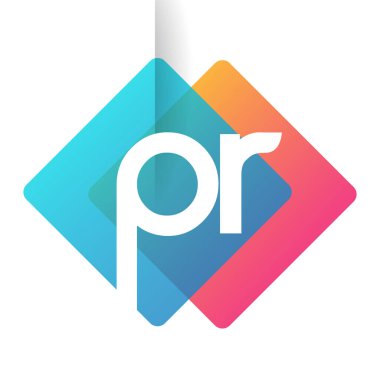 Renkli geometrik şekilli PR logosu, yaratıcı endüstri, web, iş ve şirket için harf kombinasyonlu logo tasarımı.