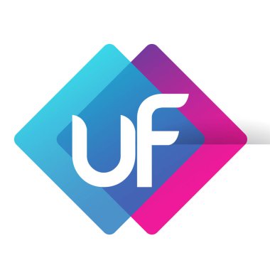 Renkli geometrik şekilli UF logosu, yaratıcı endüstri, web, iş ve şirket için harf kombinasyonu tasarımı.