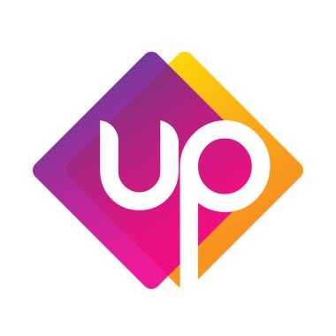 Renkli geometrik şekilli UP harfi logosu, yaratıcı endüstri, web, iş ve şirket için harf kombinasyonu tasarımı.