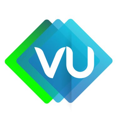 Renkli geometrik şekilli VU logosu, yaratıcı endüstri, web, iş ve şirket için harf kombinasyonu tasarımı.