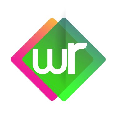 Renkli geometrik şekilli WR logosu, yaratıcı endüstri, web, iş ve şirket için harf kombinasyonu tasarımı.