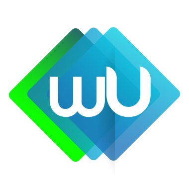 Renkli geometrik şekilli WU logosu, yaratıcı endüstri, web, iş ve şirket için harf kombinasyonu tasarımı.