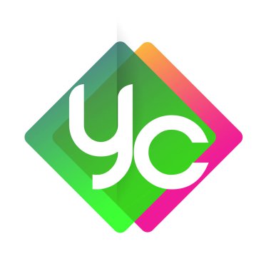 Renkli geometrik şekilli YC logosu, yaratıcı endüstri, web, iş ve şirket için harf kombinasyonu tasarımı.
