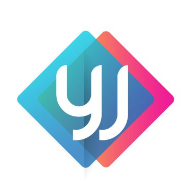 Renkli geometrik şekilli YJ logosu, yaratıcı endüstri, web, iş ve şirket için harf kombinasyonlu logo tasarımı.