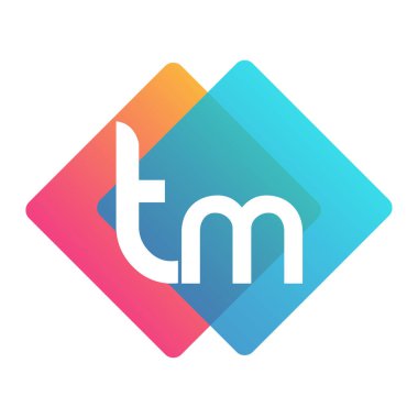 Renkli geometrik şekilli TM logosu, yaratıcı endüstri, web, iş ve şirket için harf kombinasyonlu logo tasarımı.