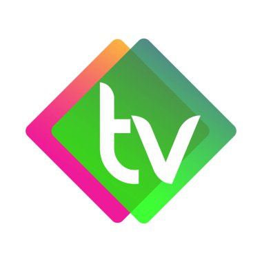 Renkli geometrik şekilli TV logosu, yaratıcı endüstri, web, iş ve şirket için harf kombinasyonu tasarımı.