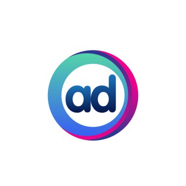 Renkli çemberli AD harfi logosu, halka ile harf kombinasyonu logosu, yaratıcı endüstri, web, iş ve şirket için daire nesnesi.
