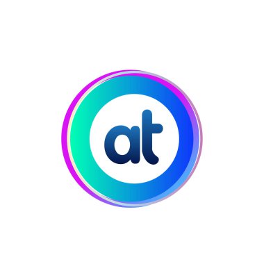 Renkli daireye sahip AT harfi logosu, halka ile harf kombinasyonlu logo tasarımı, yaratıcı endüstri, web, iş ve şirket için daire nesnesi.