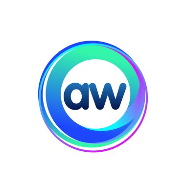 Renkli daireye sahip AW harfi logosu, halka ile harf kombinasyonlu logo tasarımı, yaratıcı endüstri, web, iş ve şirket için daire nesnesi.