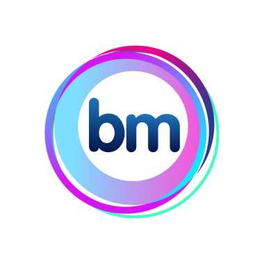 Renkli çemberli BM harfi logosu, halka ile harf kombinasyonlu logo tasarımı, yaratıcı endüstri, web, iş ve şirket için daire nesnesi.