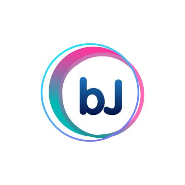 Renkli çemberli BJ logosu, yüzüklü harf kombinasyonu logosu, yaratıcı endüstri, web, iş ve şirket için daire nesnesi.