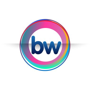 Renkli çemberli BW logosu, yüzüklü harf kombinasyonu logosu, yaratıcı endüstri, web, iş ve şirket için daire nesnesi.