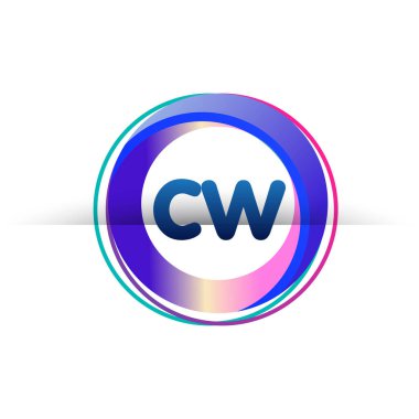 Renkli çemberli harf CW logosu, halka ile harf kombinasyonu logosu tasarımı, yaratıcı endüstri, web, iş ve şirket için daire nesnesi.