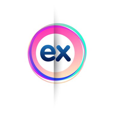 Renkli çemberli EX logosu, yüzük ile harf kombinasyonlu logo tasarımı, yaratıcı endüstri, web, iş ve şirket için daire nesnesi.