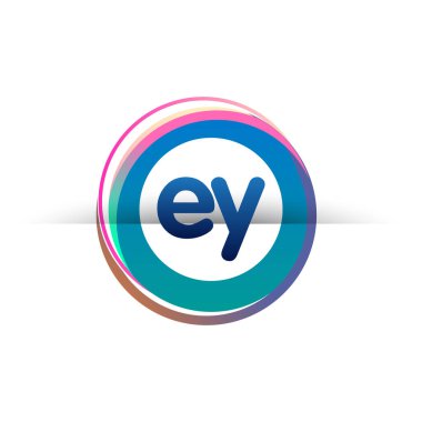 Renkli çemberli harf EY logosu, yüzük ile harf kombinasyonlu logo tasarımı, yaratıcı endüstri, web, iş ve şirket için daire nesnesi.