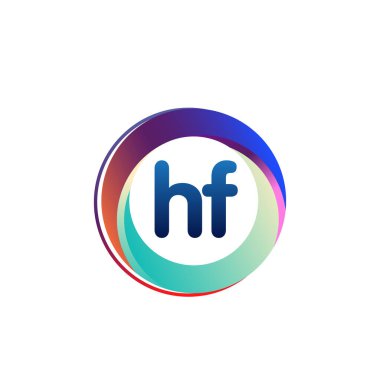Renkli çemberli HF logosu, yüzüklü harf kombinasyonu logosu, yaratıcı endüstri, web, iş ve şirket için daire nesnesi.