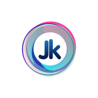 Renkli daireye sahip JK harfi logosu, halka ile harf kombinasyonlu logo tasarımı, yaratıcı endüstri, web, iş ve şirket için daire nesnesi.