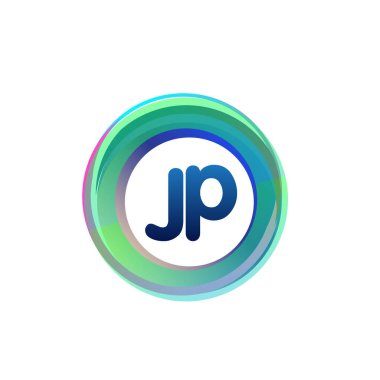 Renkli daireye sahip JP logosu, halka ile harf kombinasyonlu logo tasarımı, yaratıcı endüstri, web, iş ve şirket için daire nesnesi.